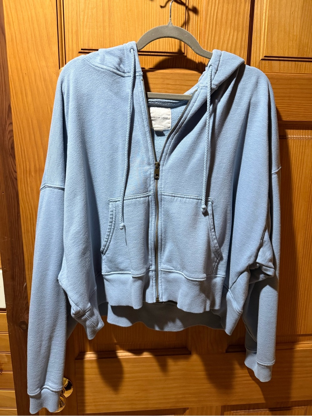 American Eagle Light Blue Cropped Zip Hoodie